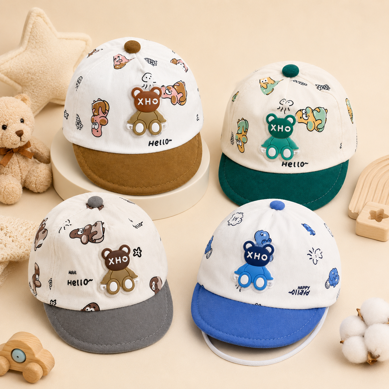 cartoon bear baby cap with face shield
