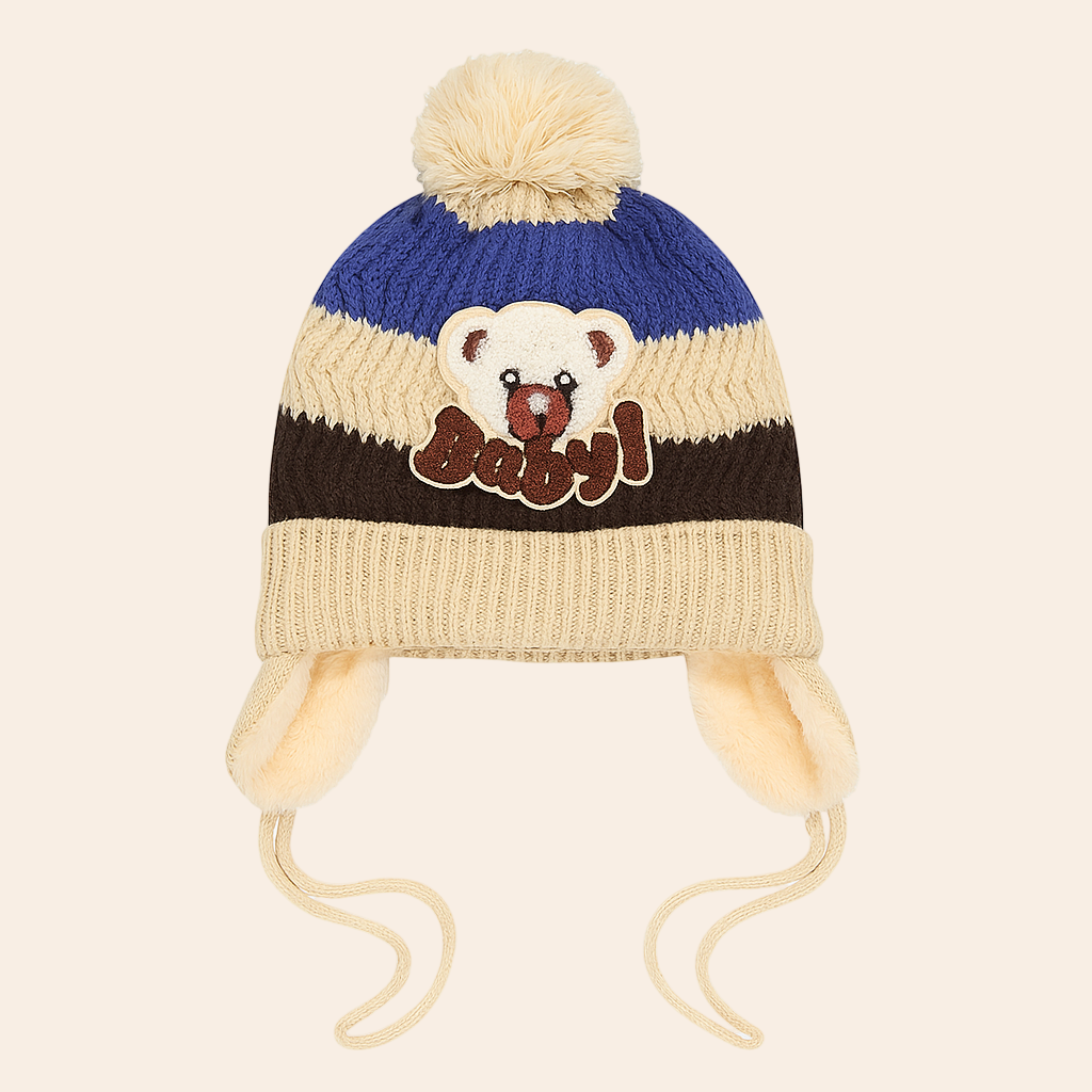 Bear Pom Hat With Ear Flap – Cream & Blue