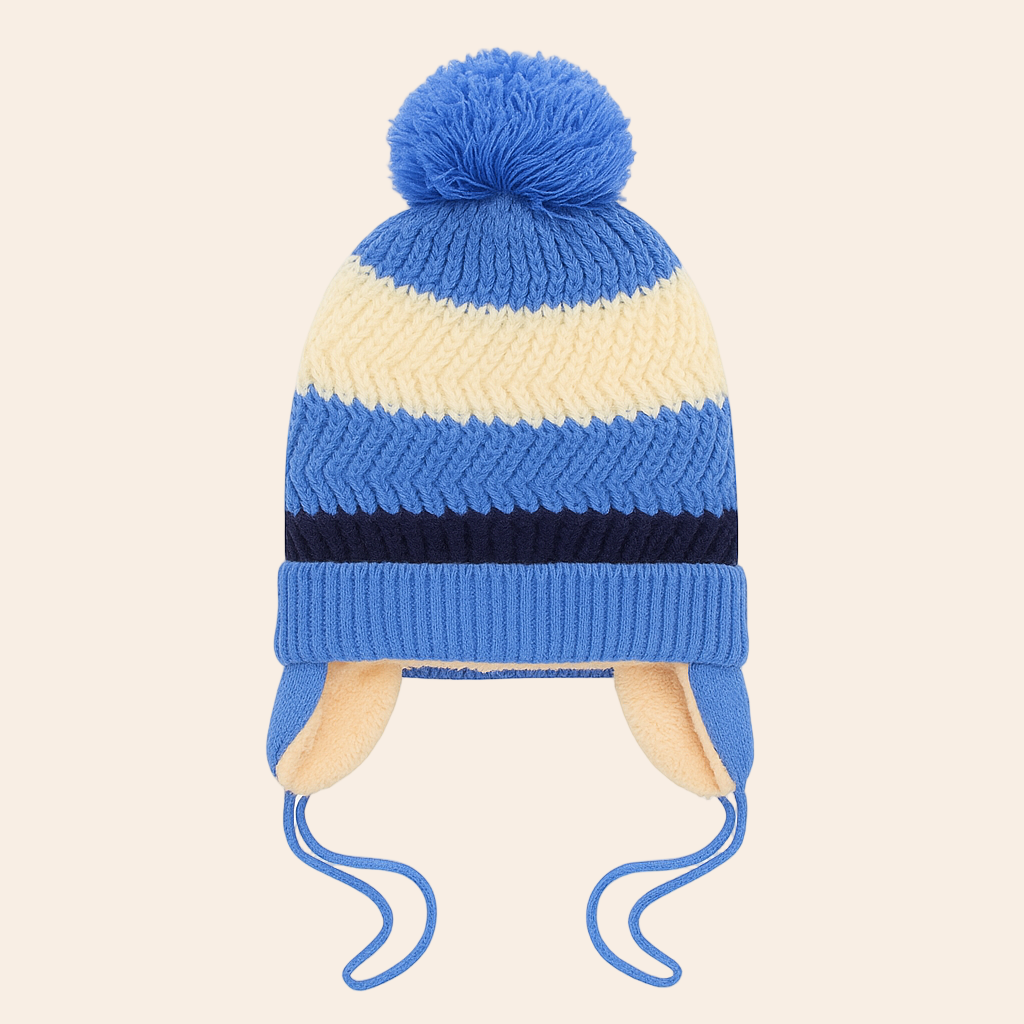 Bear Pom Hat With Ear Flap – Blue & Cream