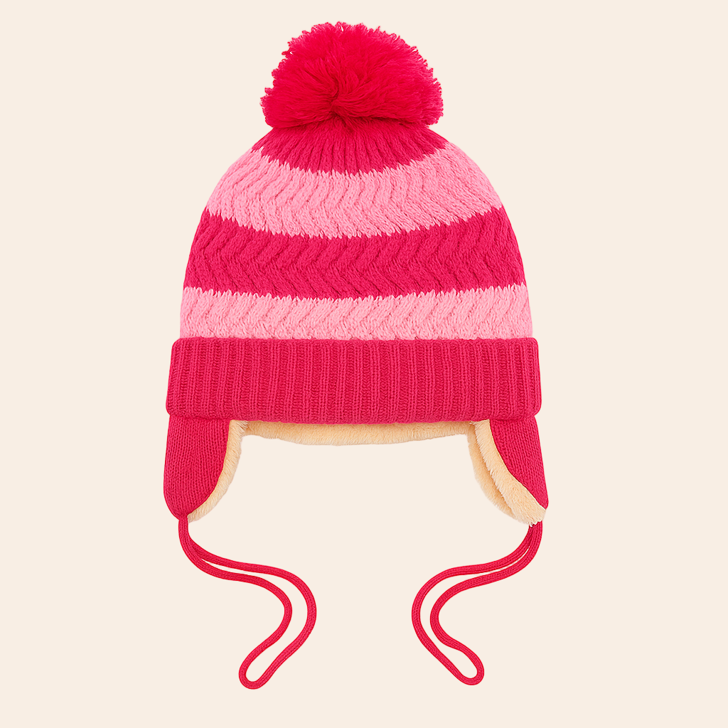Bear Pom Hat With Ear Flap – Dark Pink & Light Pink