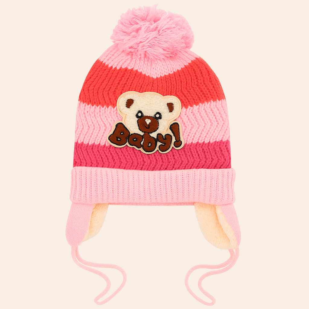 Bear Pom Hat With Ear Flap – Pink & Red