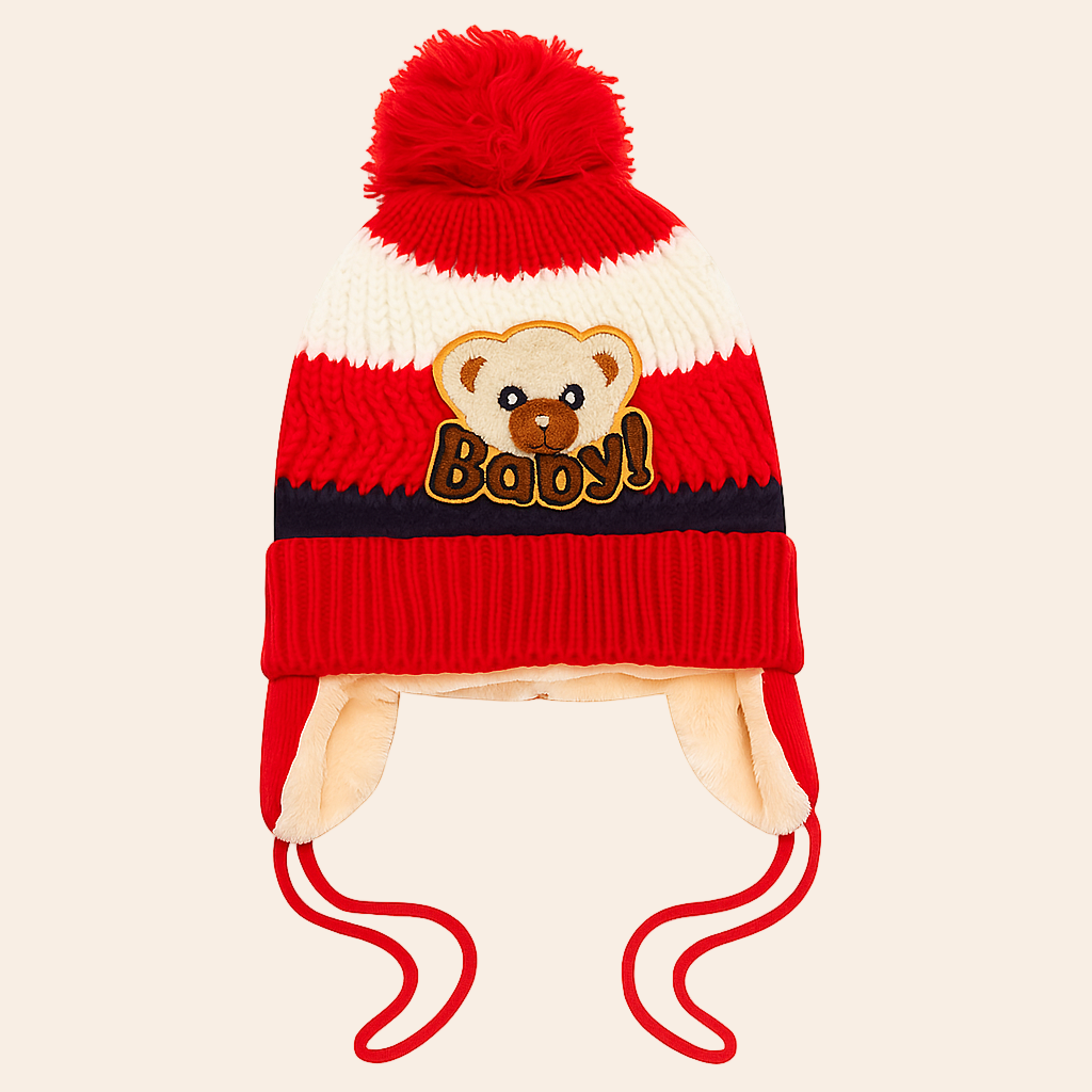 Bear Pom Hat With Ear Flap – Red & Cream