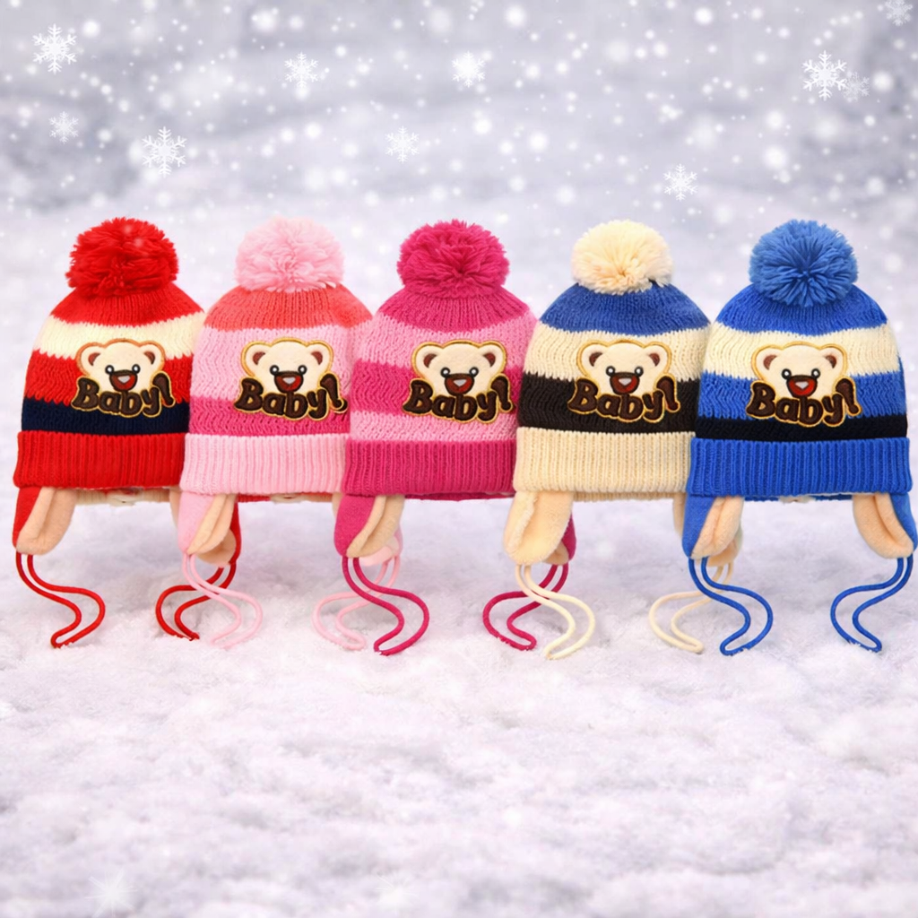 baby bear pom hat with ear flap 