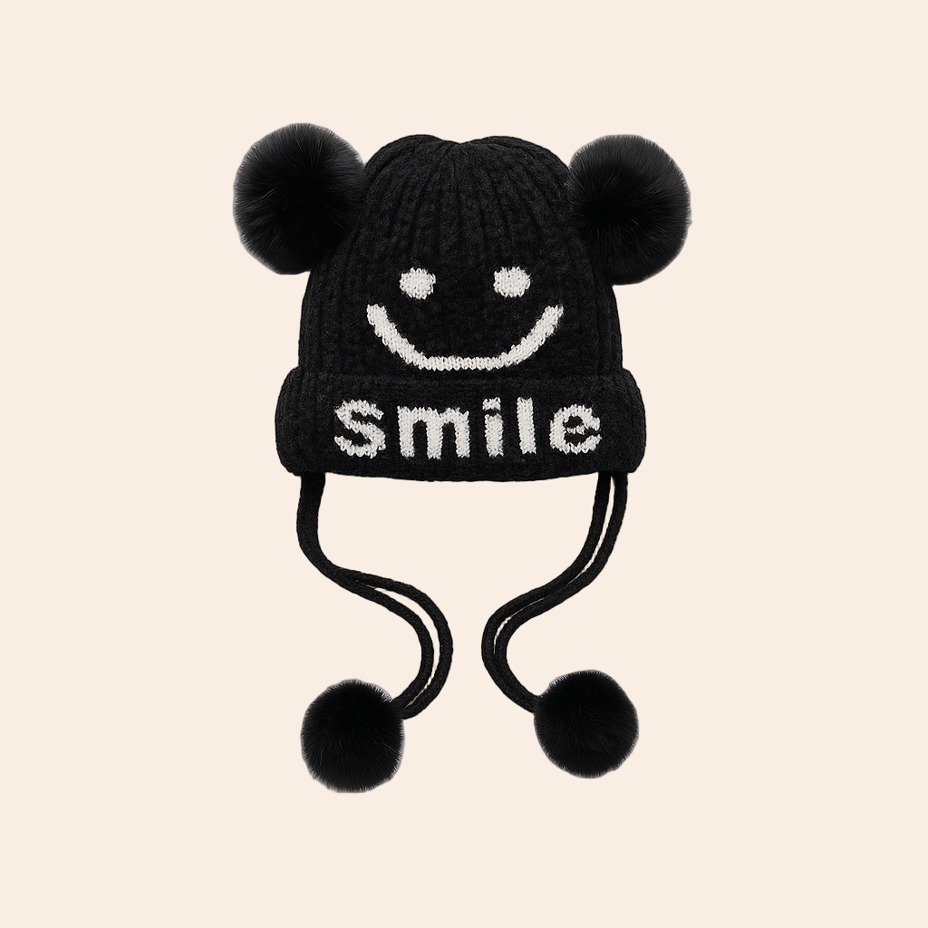 Black Smiley Pom-Pom Hat