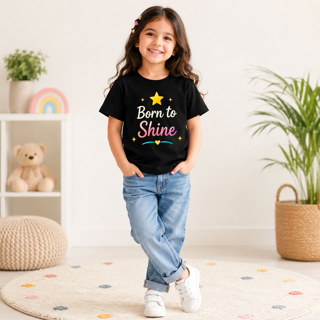 Born to Shine Kids T-Shirt with Star Design | Motivational Cotton T-Shirt