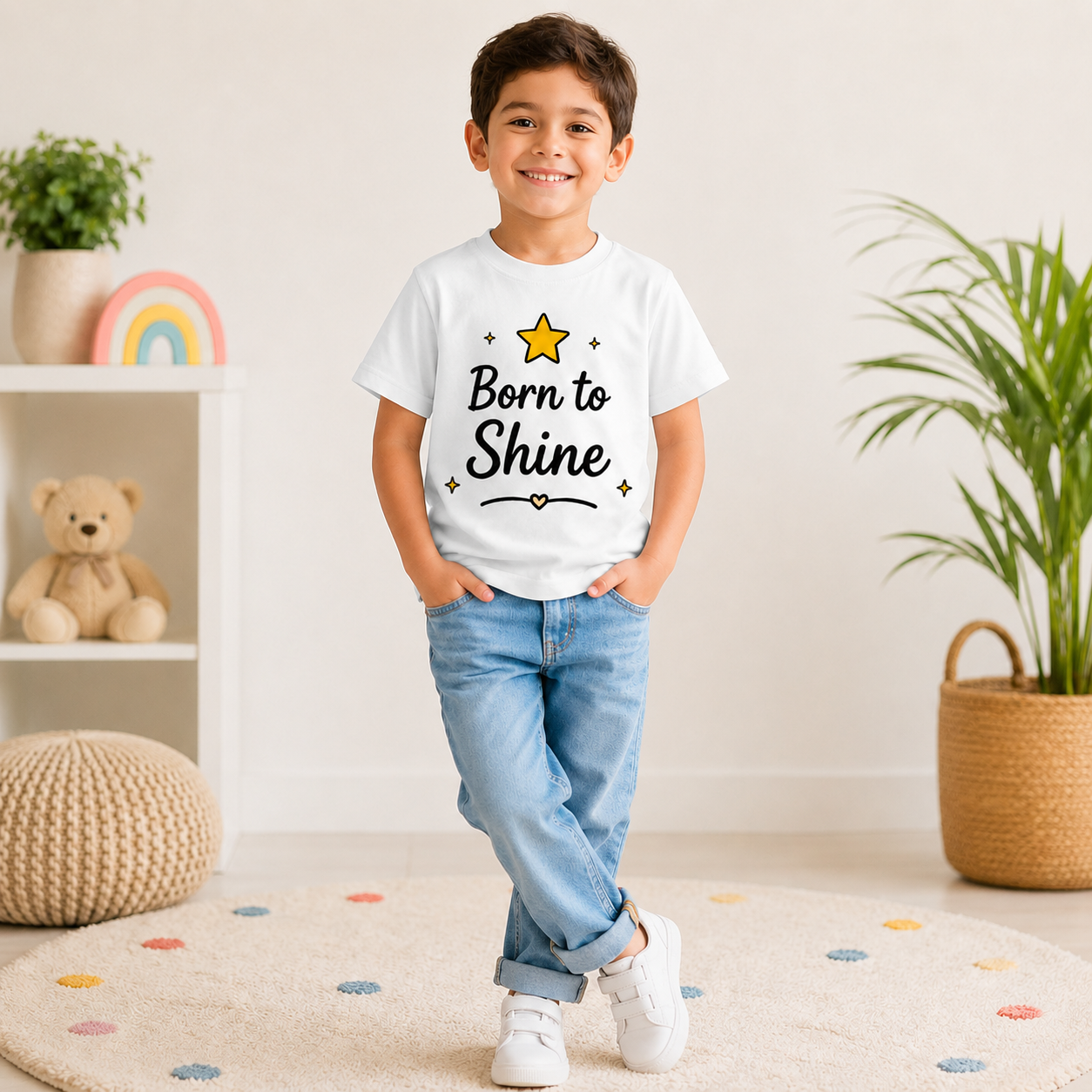 kids t-shirt with star design, white t-shirt for boys (front)