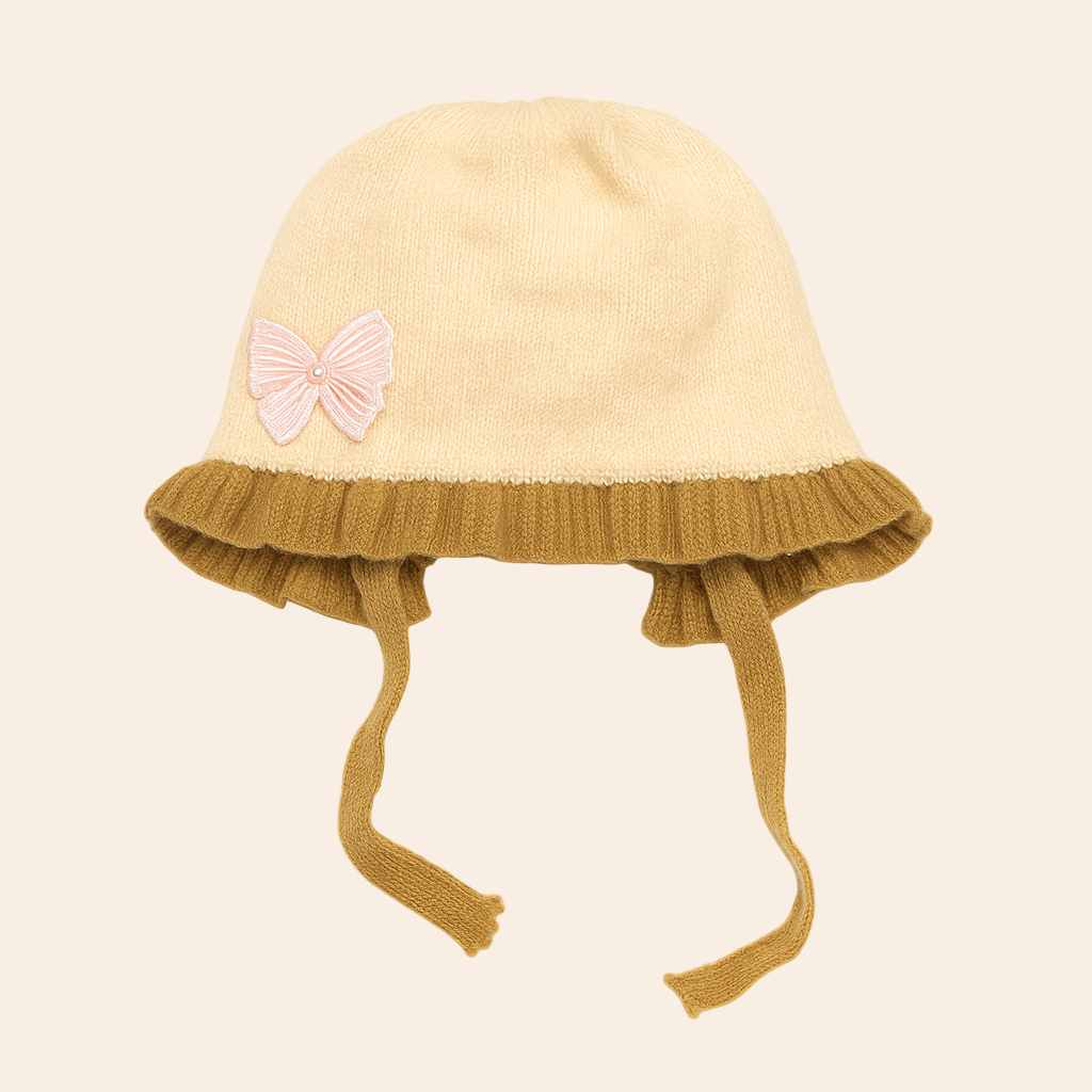 Bow Frill Hat - Beige & Mustard