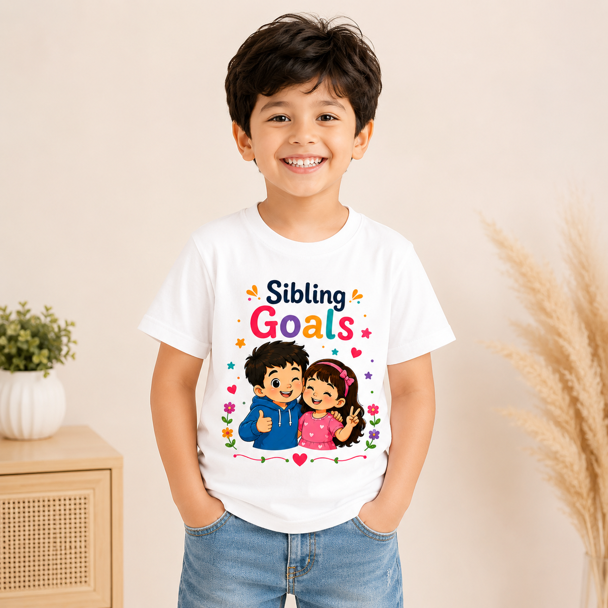 Brother Sister Matching T-Shirt for Kids | Sibling Goals Printed Cotton Half Sleeve T-Shirt | Soft Summer Casual Wear