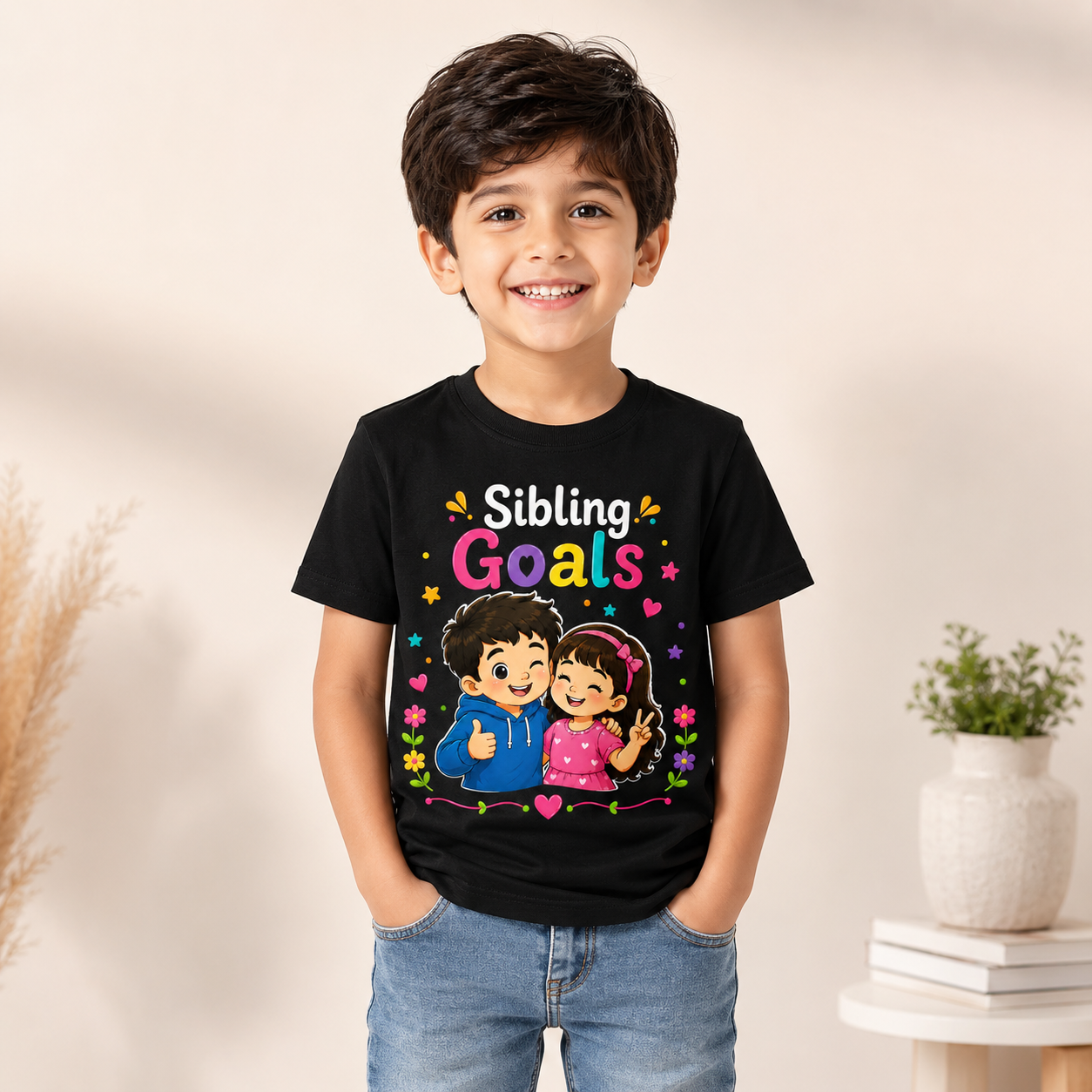 Brother Sister Matching T-Shirt for Kids | Sibling Goals Printed Cotton Half Sleeve T-Shirt | Soft Summer Casual Wear