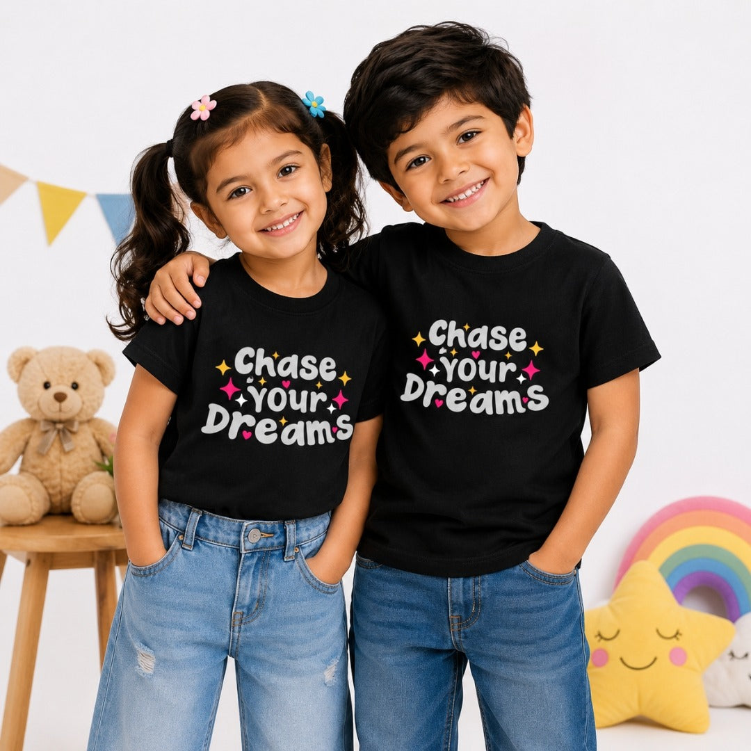 Chase Your Dreams Kids motivational Black T-Shirt (Models front)