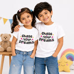 Chase Your Dreams Kids motivational White T-Shirt (Front Models wearing)