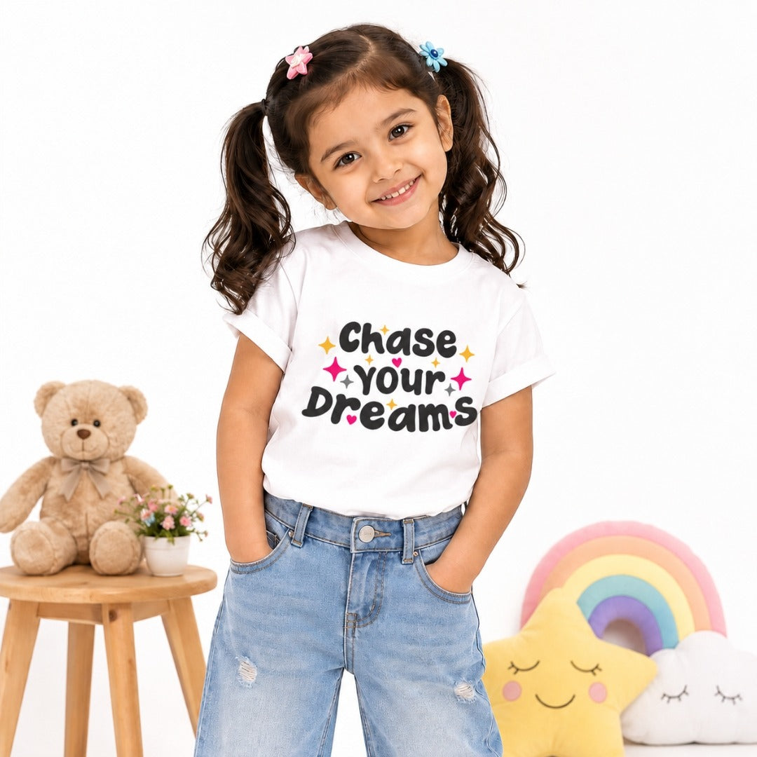 Chase Your Dreams Kids motivational White T-Shirt (girl front)