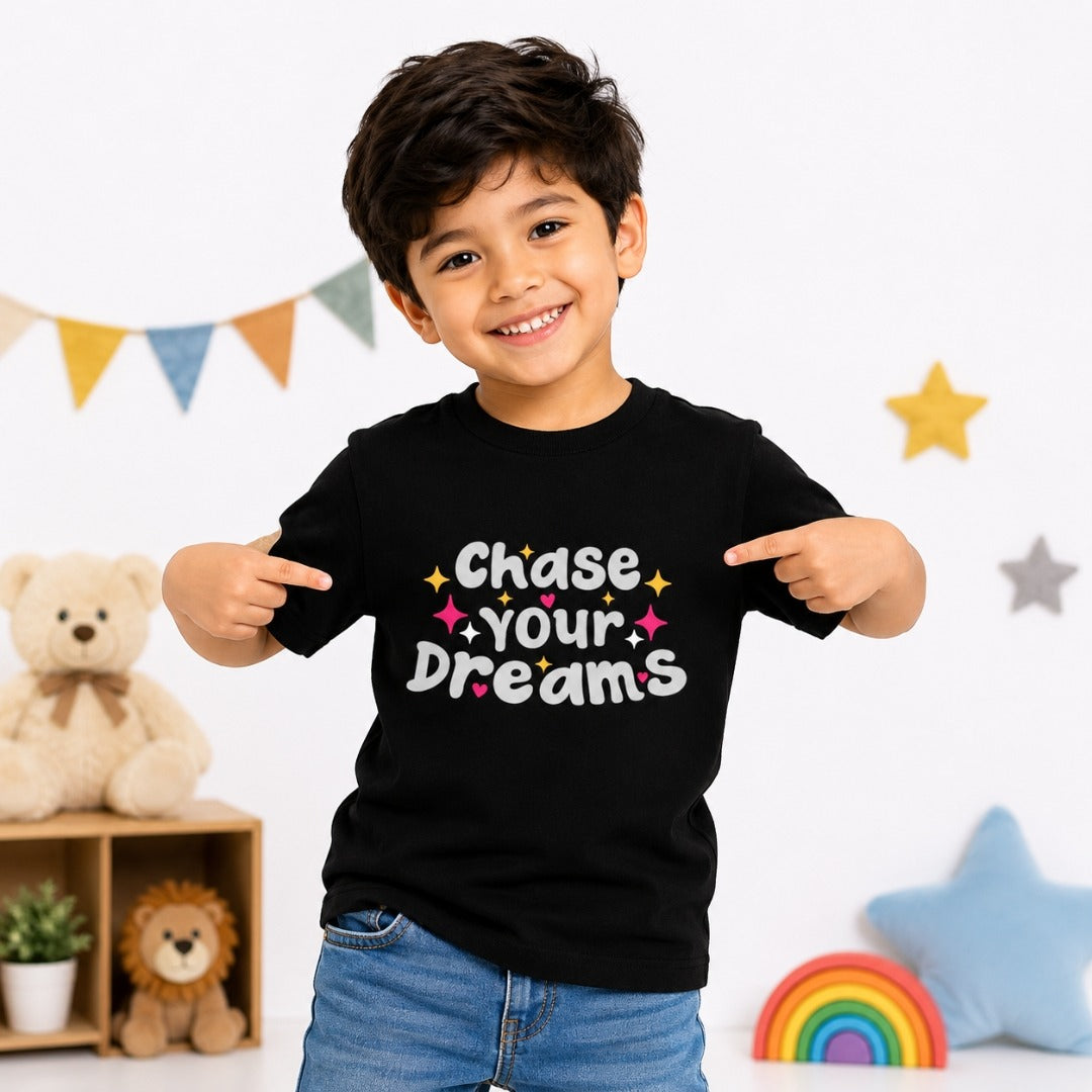 Chase Your Dreams Kids motivational Black T-Shirt (Boys Front design)