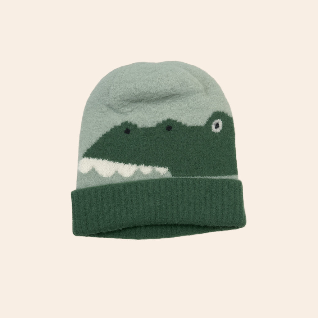 crocodile knit winter baby cap – green & mint