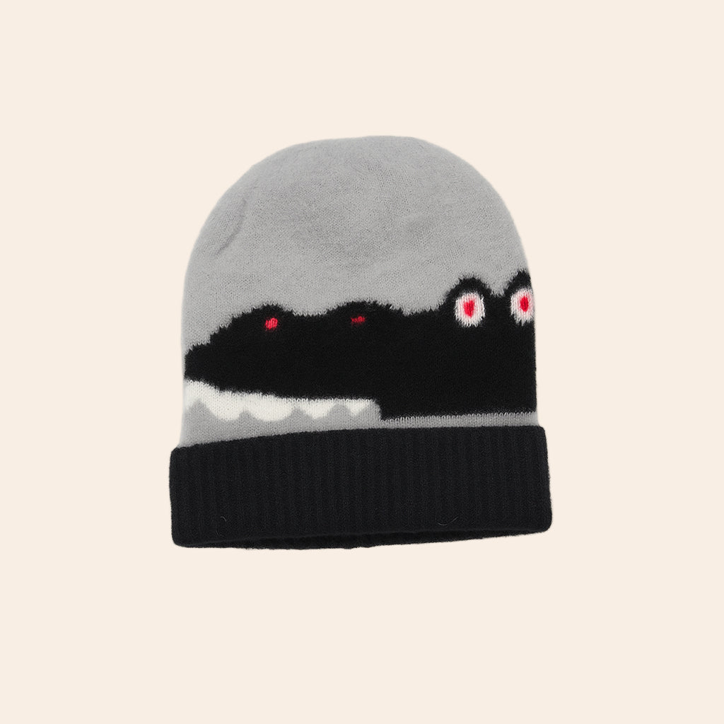 crocodile knit winter baby cap grey & black 