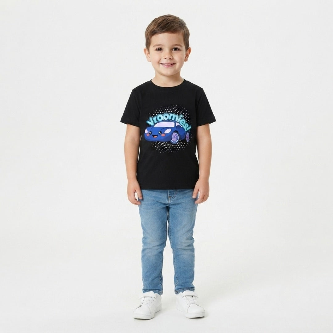 Cute Car Printed Kids Black T-Shirt (Boy front)