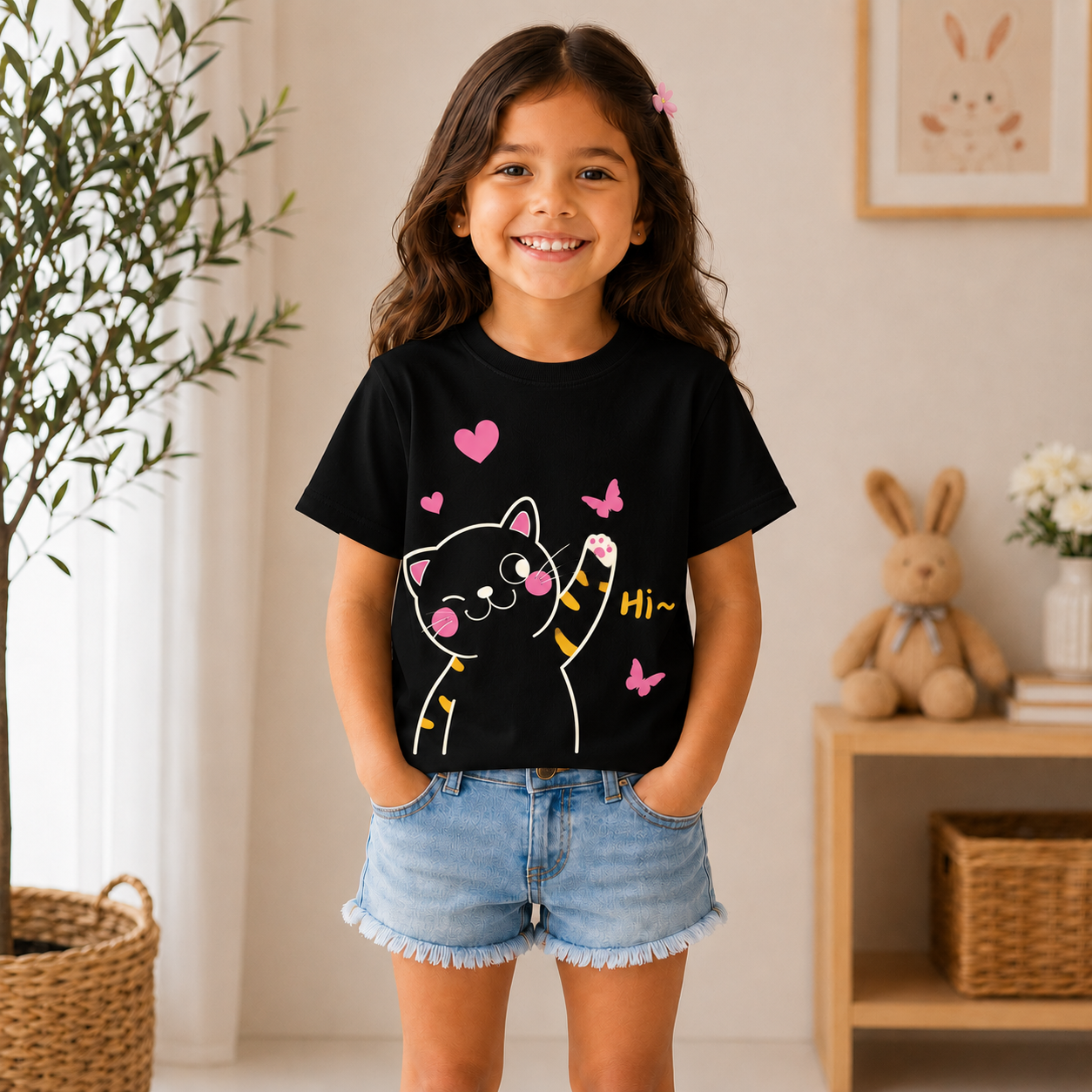 cute cat kids Black t-shirt for girls front