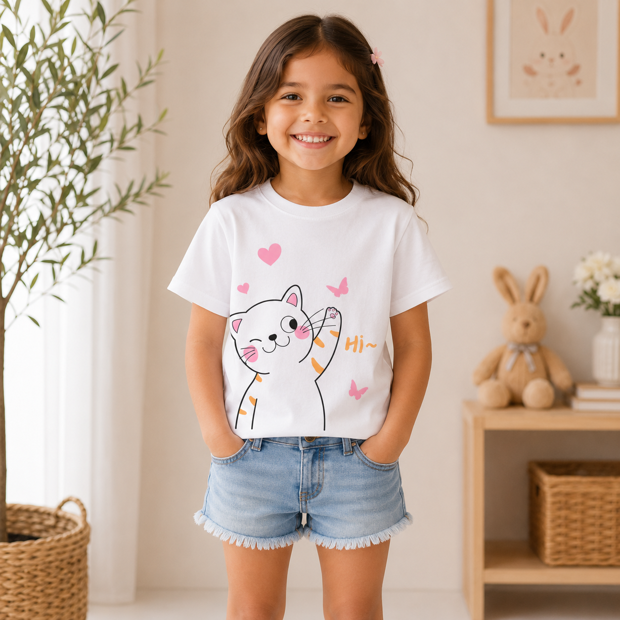 cute cat kids White t-shirt for girls front