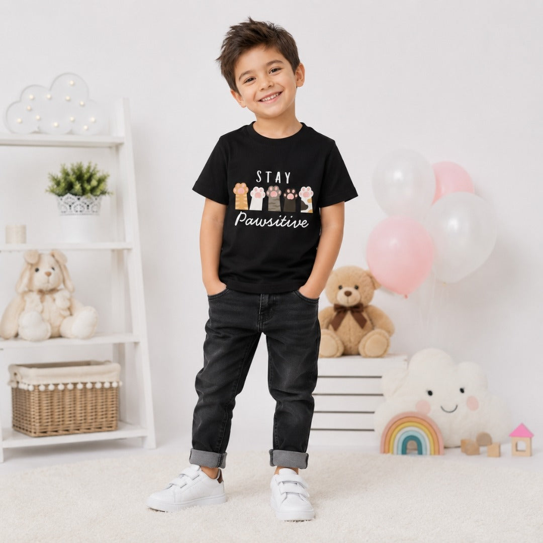 cute cat paw kids Black t-shirt (boy front)