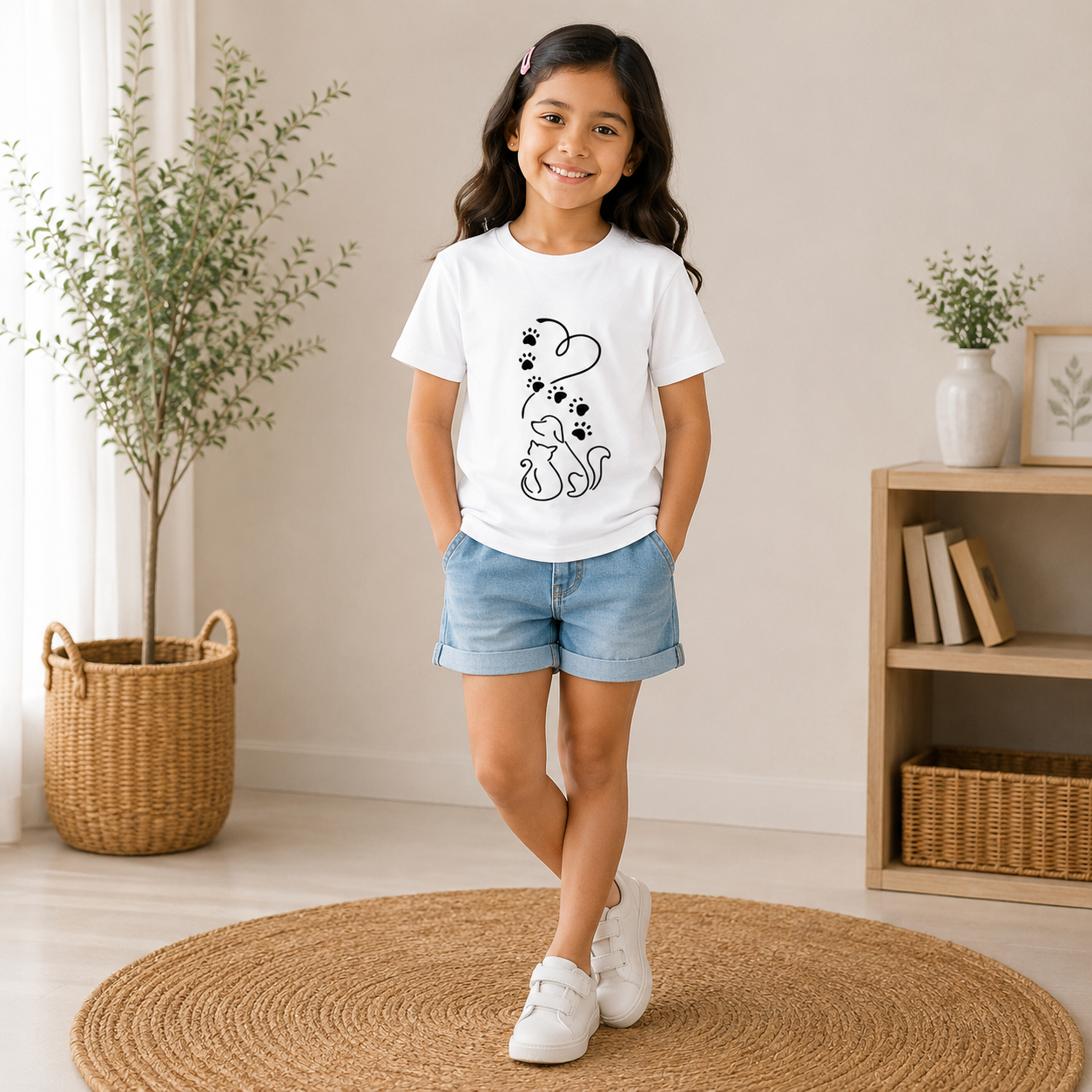 Cute Cat Printed Kids T-Shirt for Girls | Cotton Half Sleeve T-Shirt | Soft & Comfortable Casual Wear | Age 1-8 Years