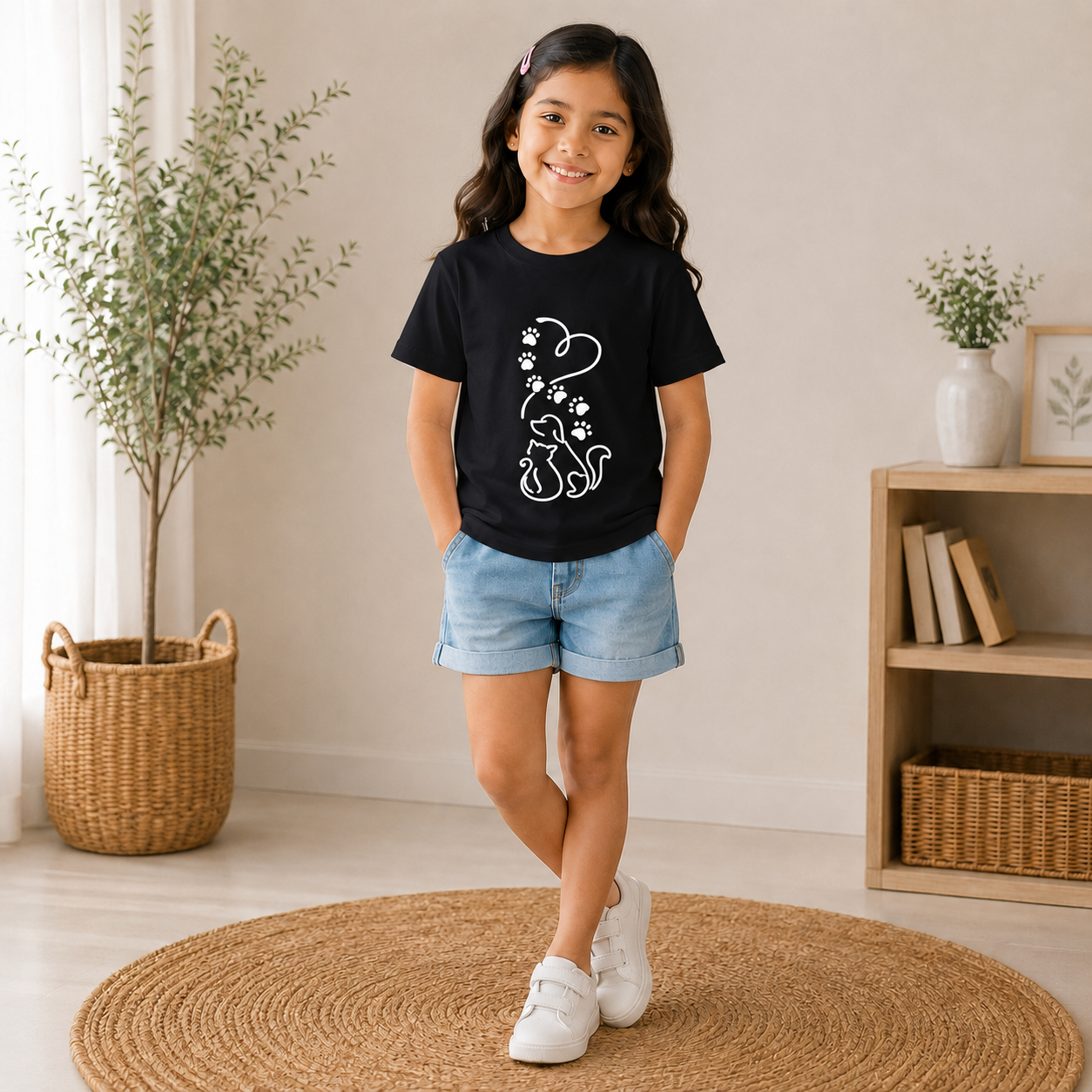Cute Cat Printed Kids T-Shirt for Girls | Cotton Half Sleeve T-Shirt | Soft & Comfortable Casual Wear | Age 1-8 Years