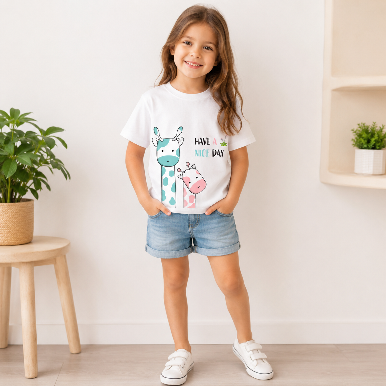 cute giraffe printed kids white t-shirt for girls front