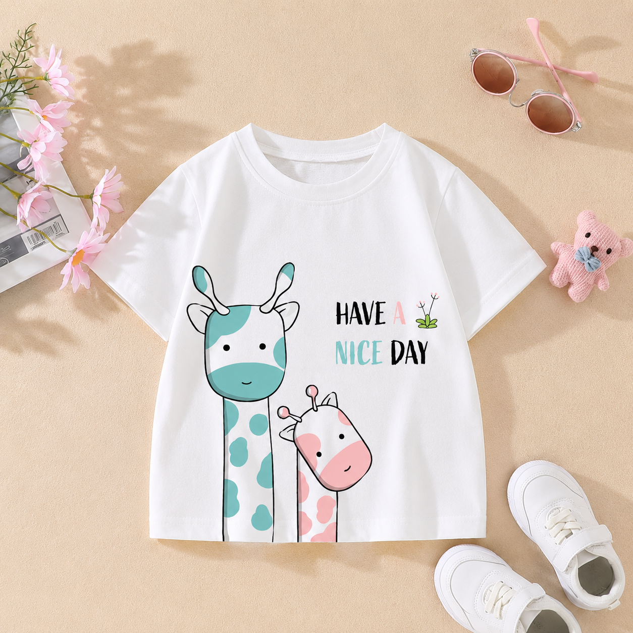 cute giraffe printed kids white t-shirt for girls
