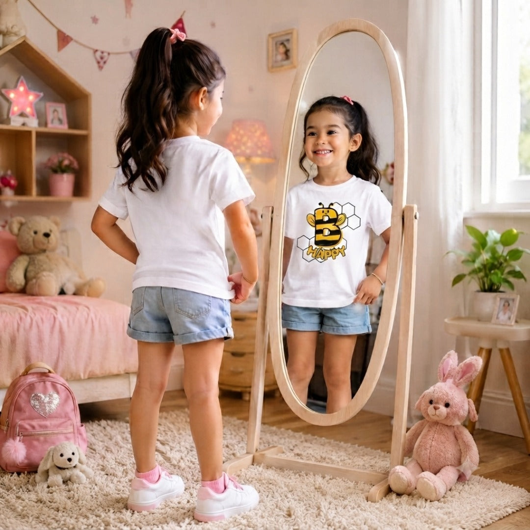 cute honey bee printed cotton White t-shirt for kids (cute girl)