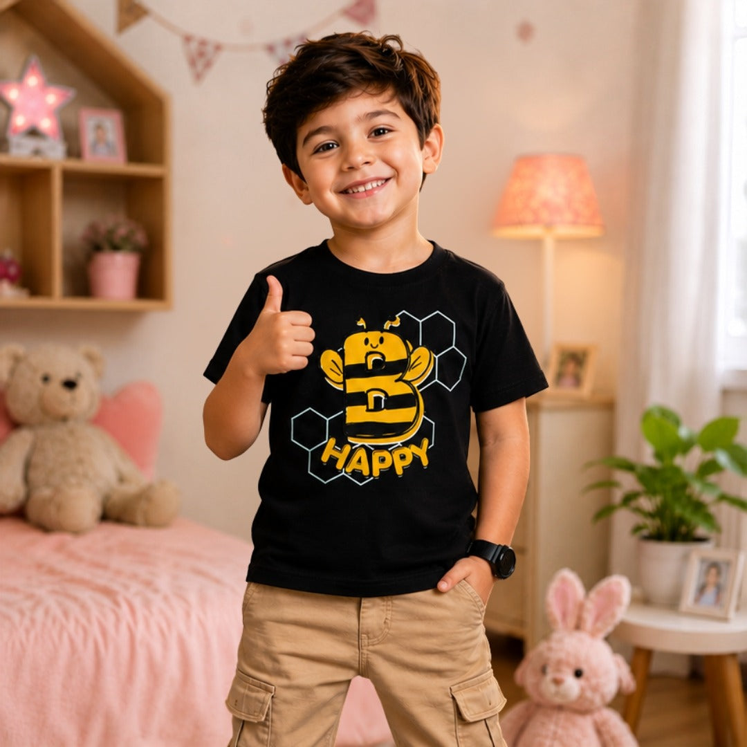 cute honey bee printed cotton Black t-shirt for kids (Boy front)