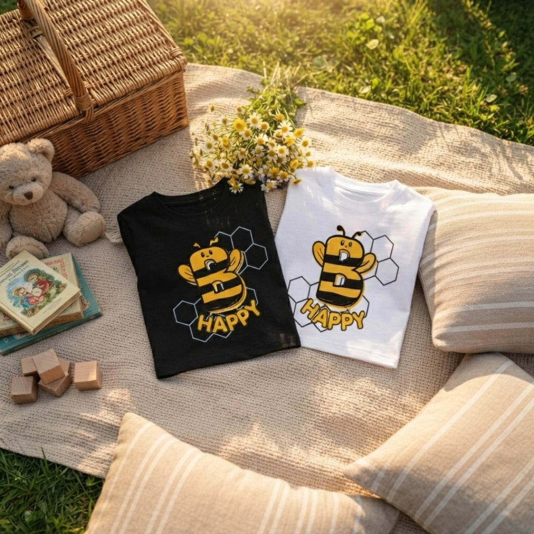cute honey bee printed cotton t-shirt for kids Black & white Both