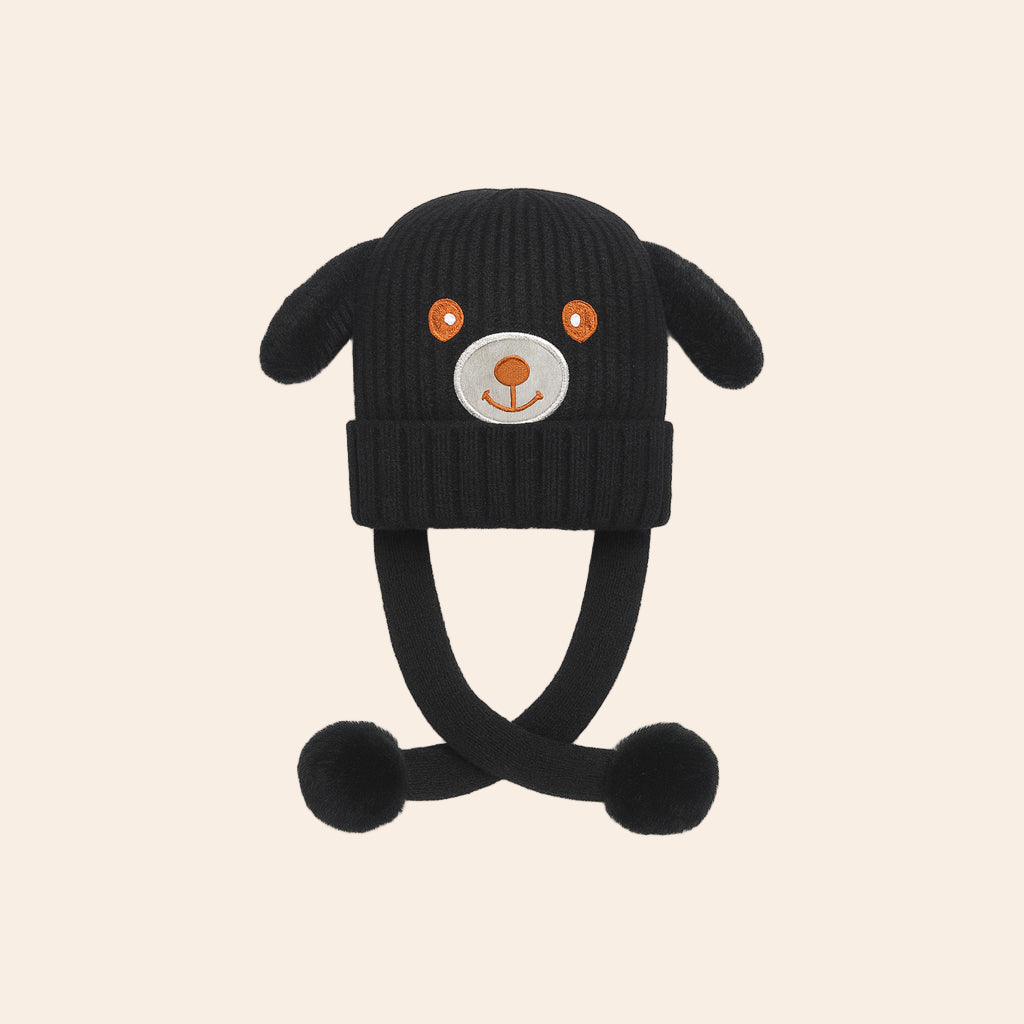 Cute Kids Pink Flip Ear Winter Cap with Pull Strings | Press & Move Ear Beanie (Black)