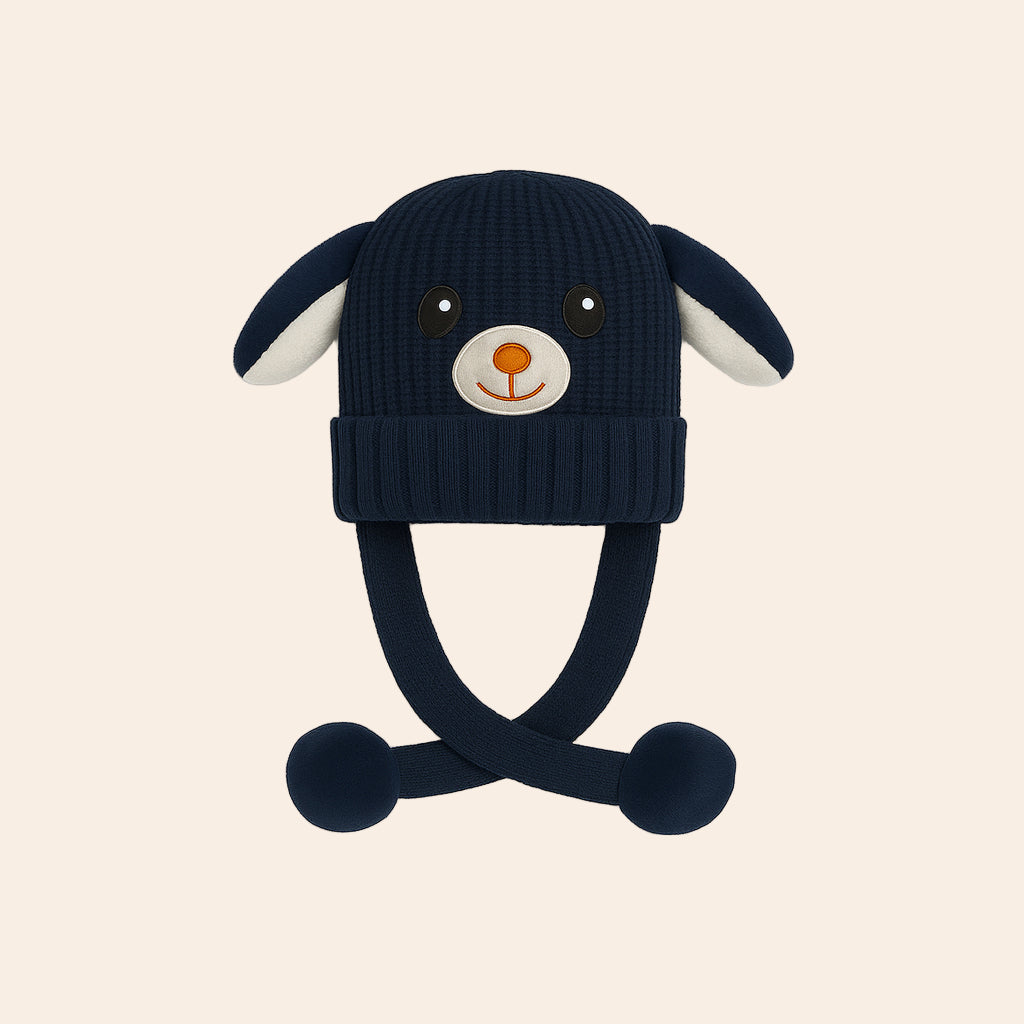 Cute Kids Pink Flip Ear Winter Cap with Pull Strings | Press & Move Ear Beanie (Navy)