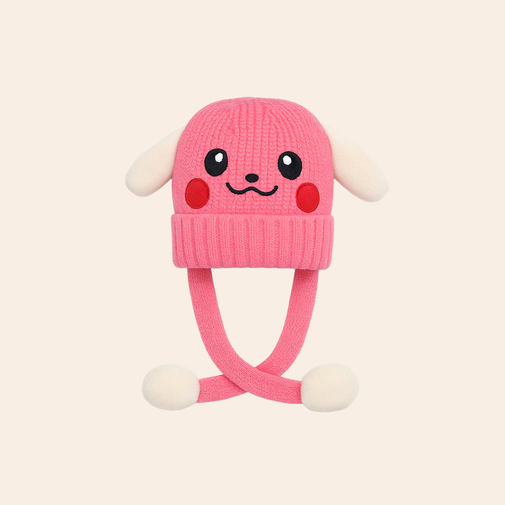 Cute Kids Pink Flip Ear Winter Cap with Pull Strings | Press & Move Ear Beanie (Pink)