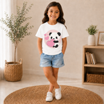 cute panda printed kids white t-shirt for girls front