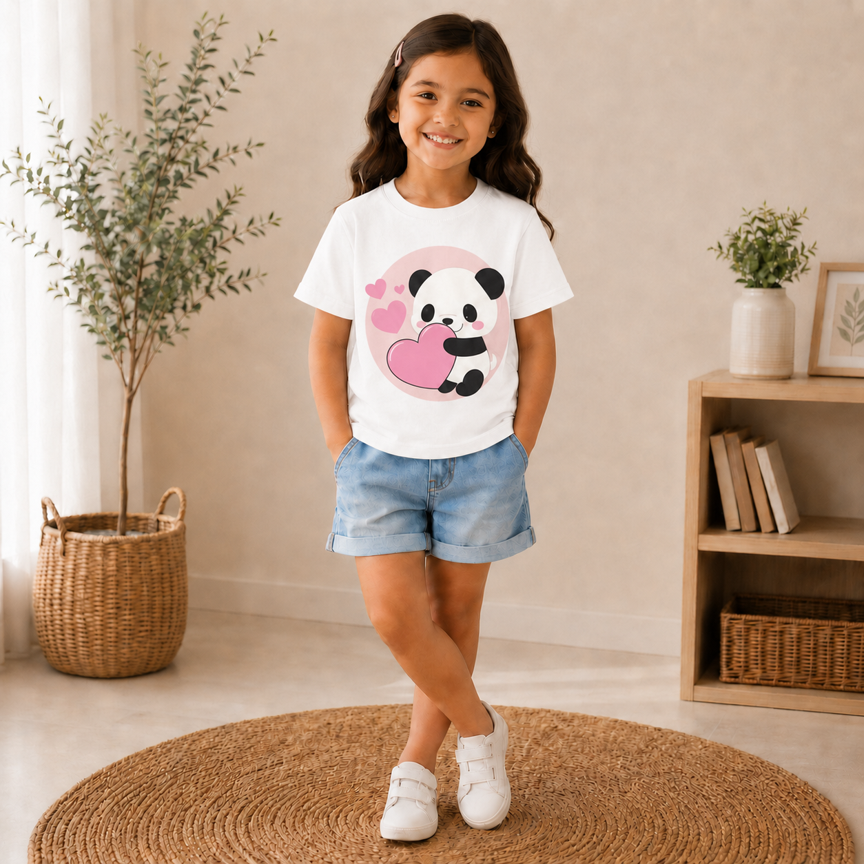 cute panda printed kids white t-shirt for girls front