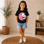 cute panda printed kids black t-shirt for girls front