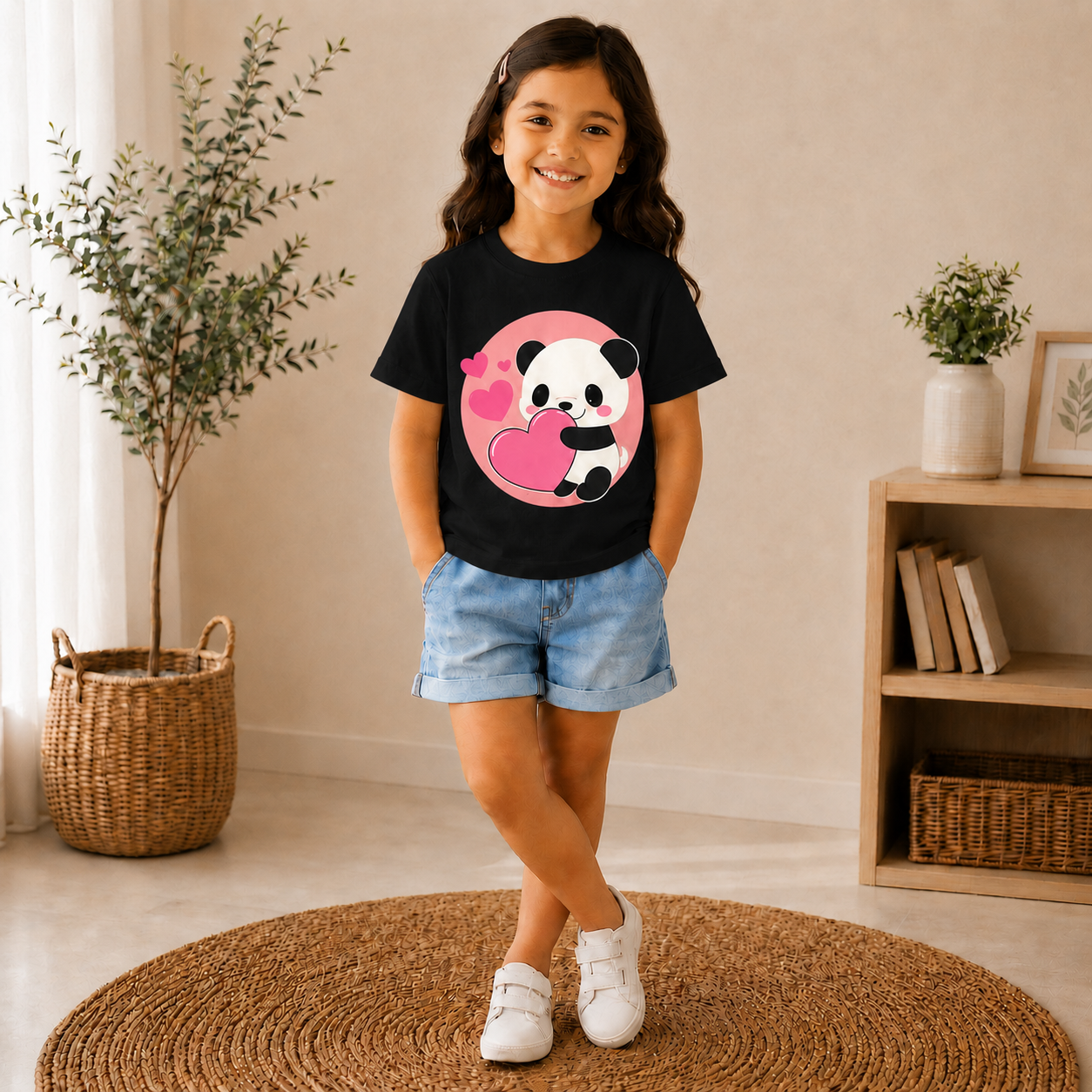 cute panda printed kids black t-shirt for girls front