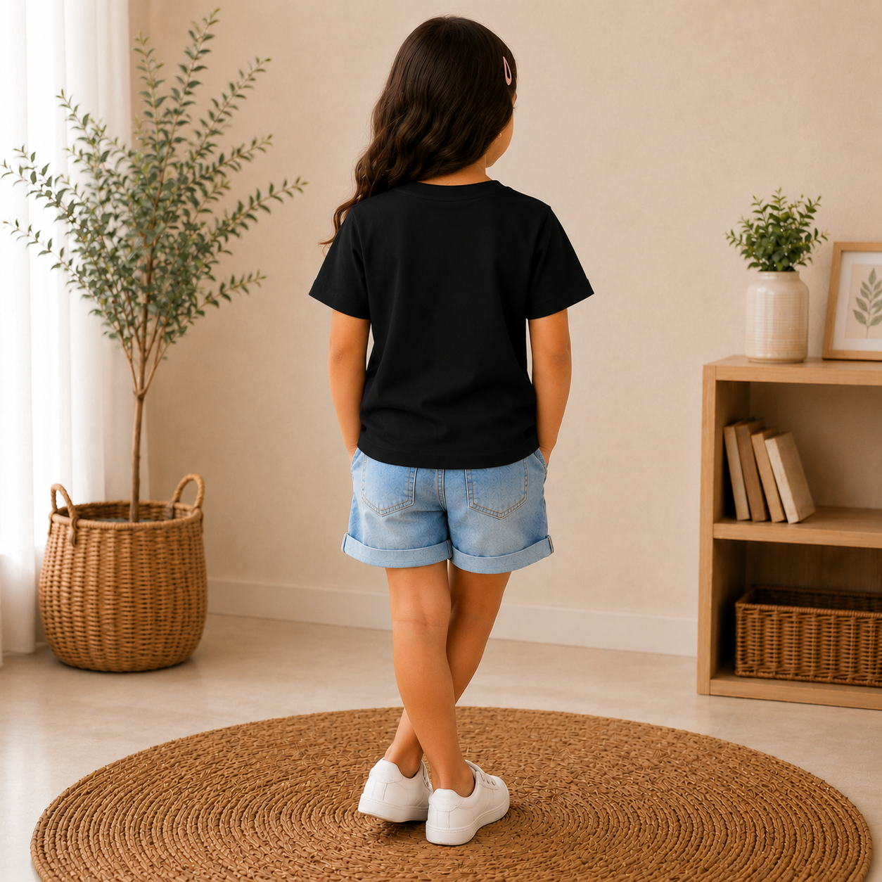 cute panda printed kids Black t-shirt for girls back