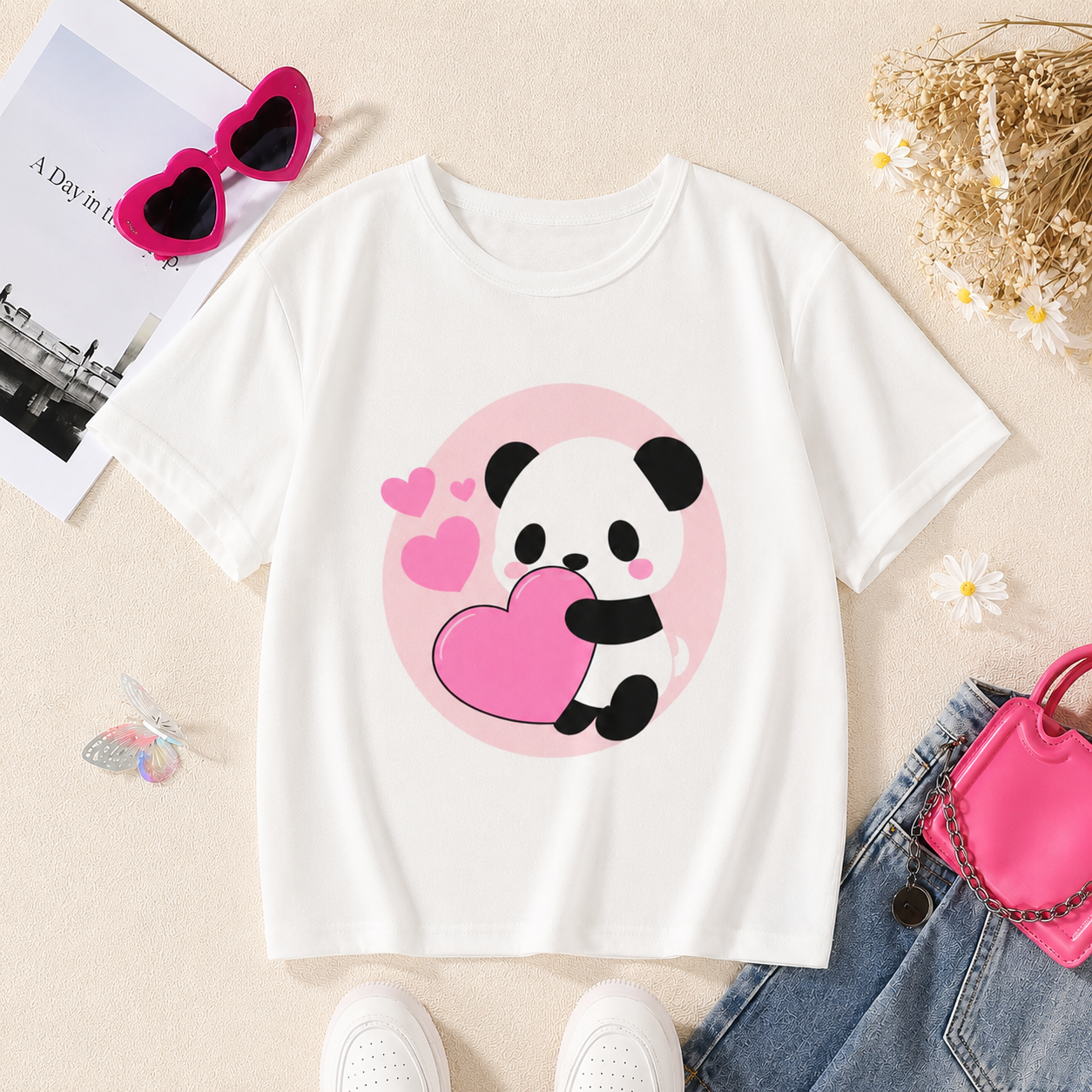 cute panda printed kids white t-shirt for girls 
