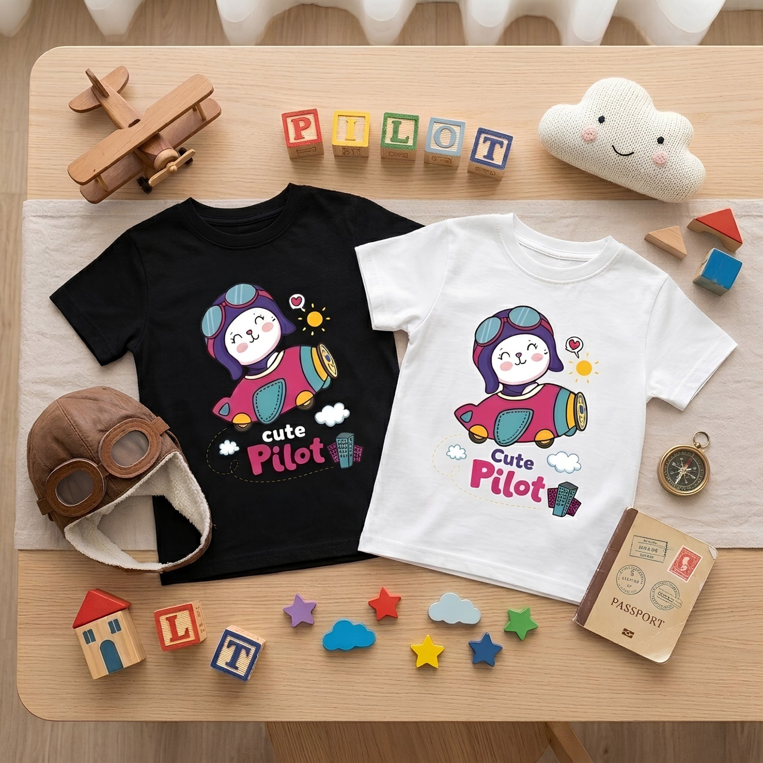 Cute Pilot Printed Graphics black & White T-Shirts