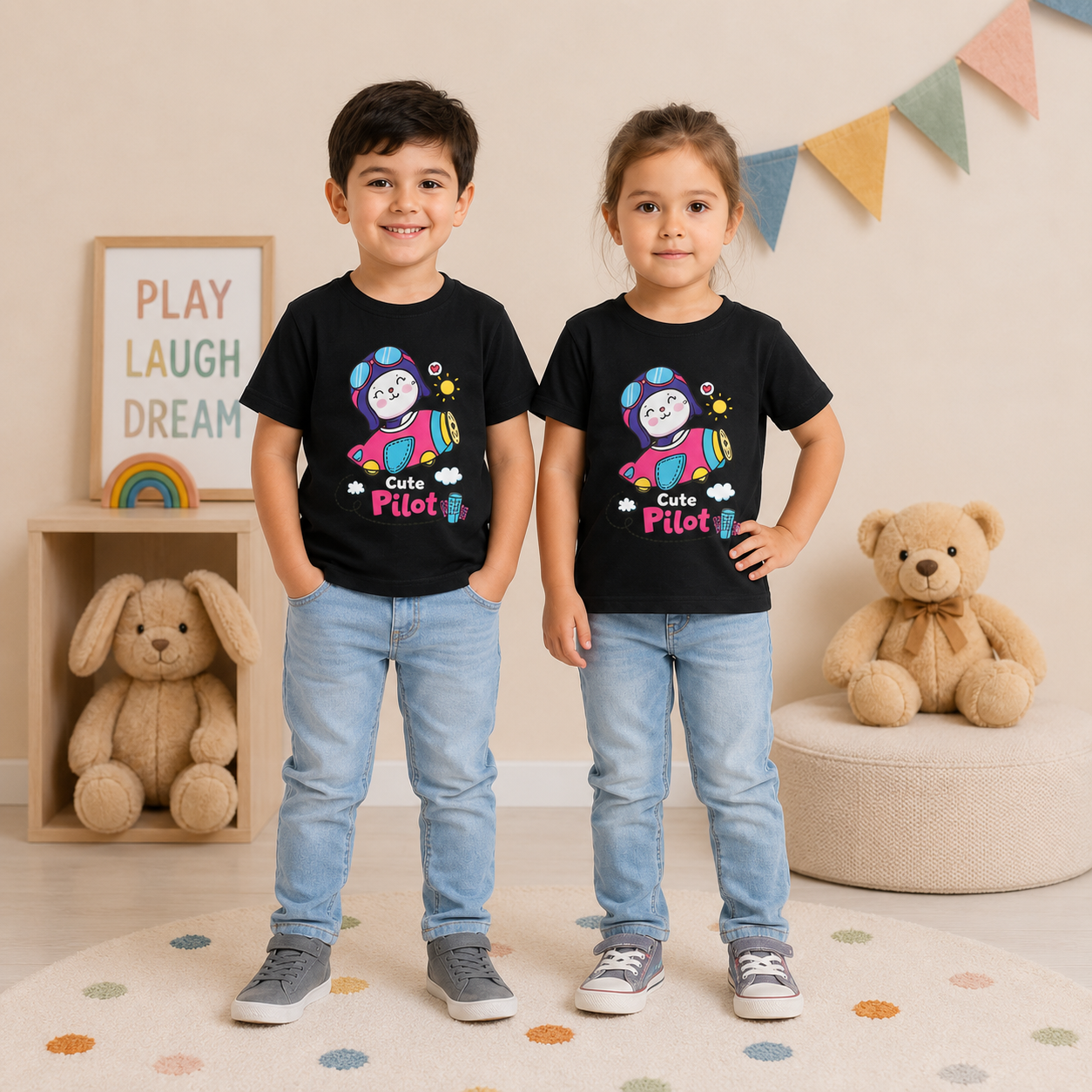 Cute Pilot Printed Graphics Black T-Shirts Models