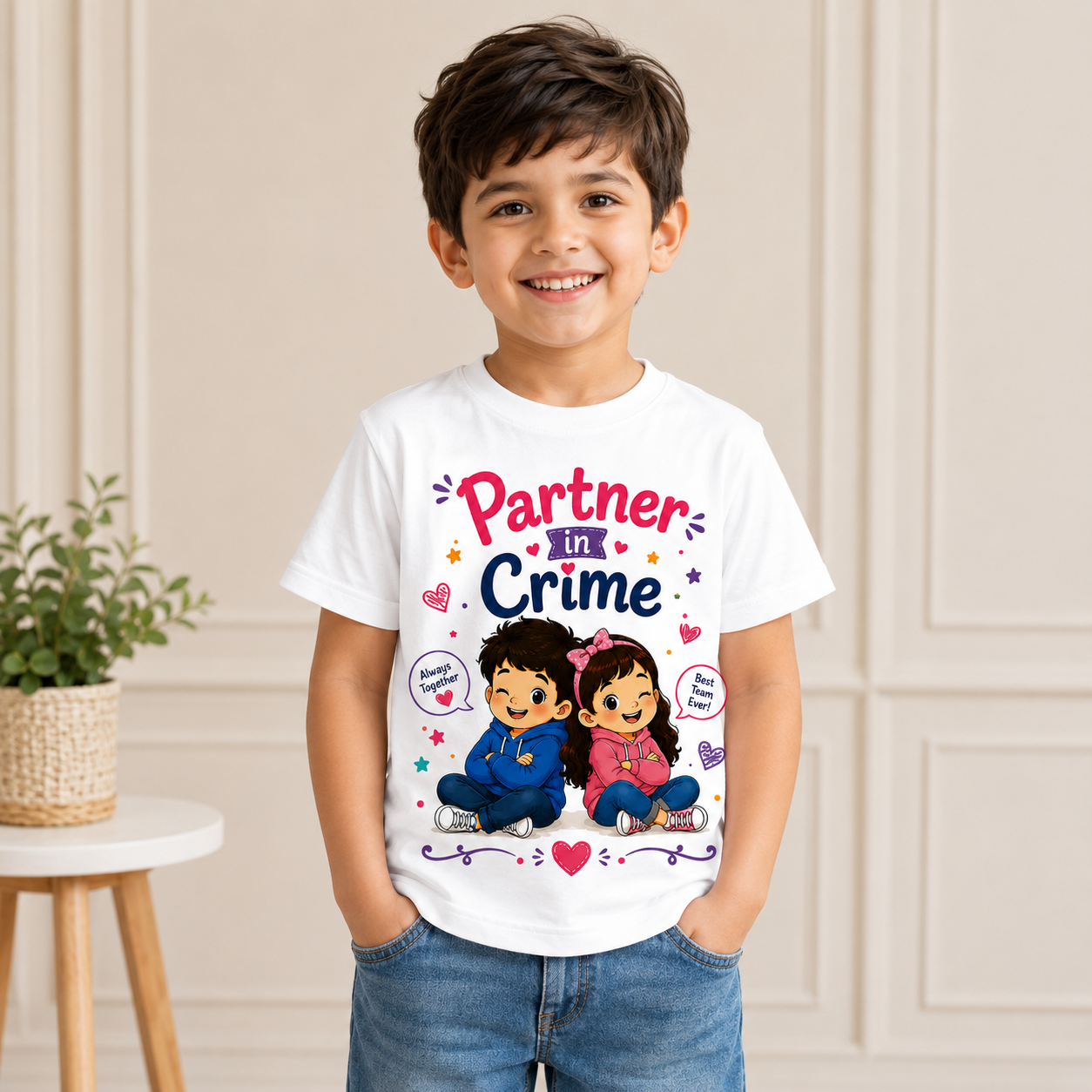 Cute Sibling Friendship Graphic T-shit- Partner in Crime Printed