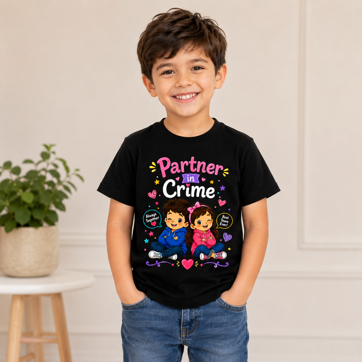 Cute Sibling Friendship Graphic T-shit- Partner in Crime Printed