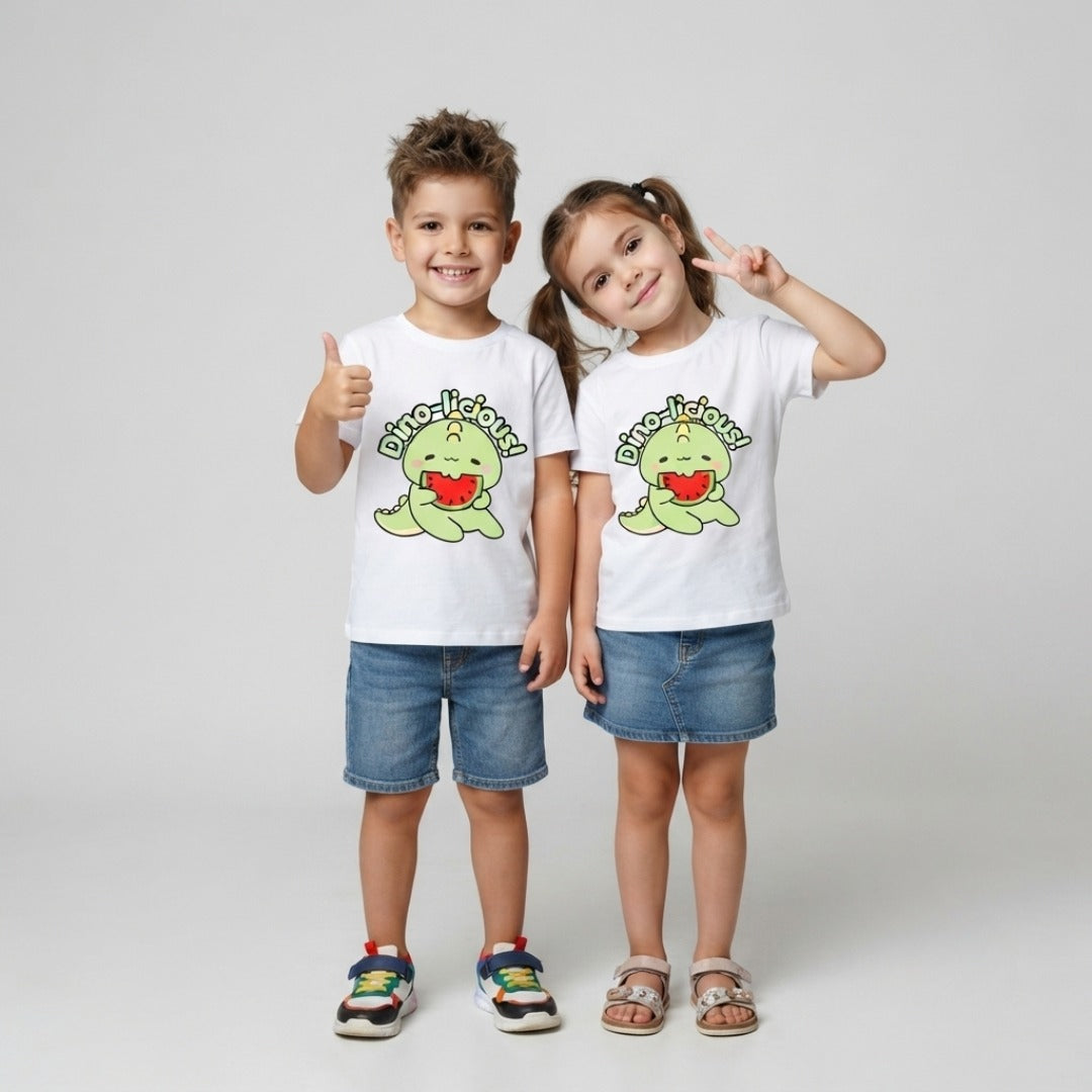 Cute dinosaur print kids white t-shirt (models)