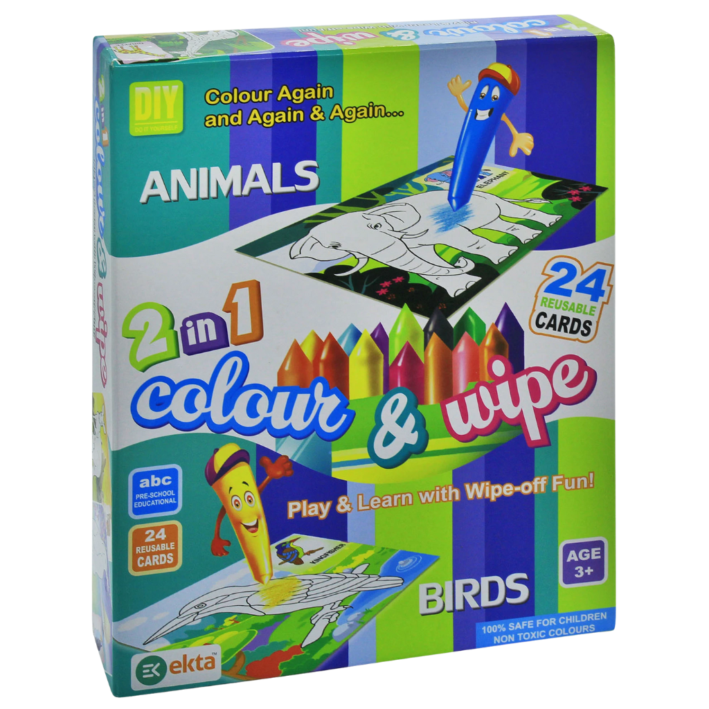 2-in-1 Colour & Wipe Reusable Cards – Animals & Birds Educational Activity Kit for Kids (24 Cards, Age 3+)