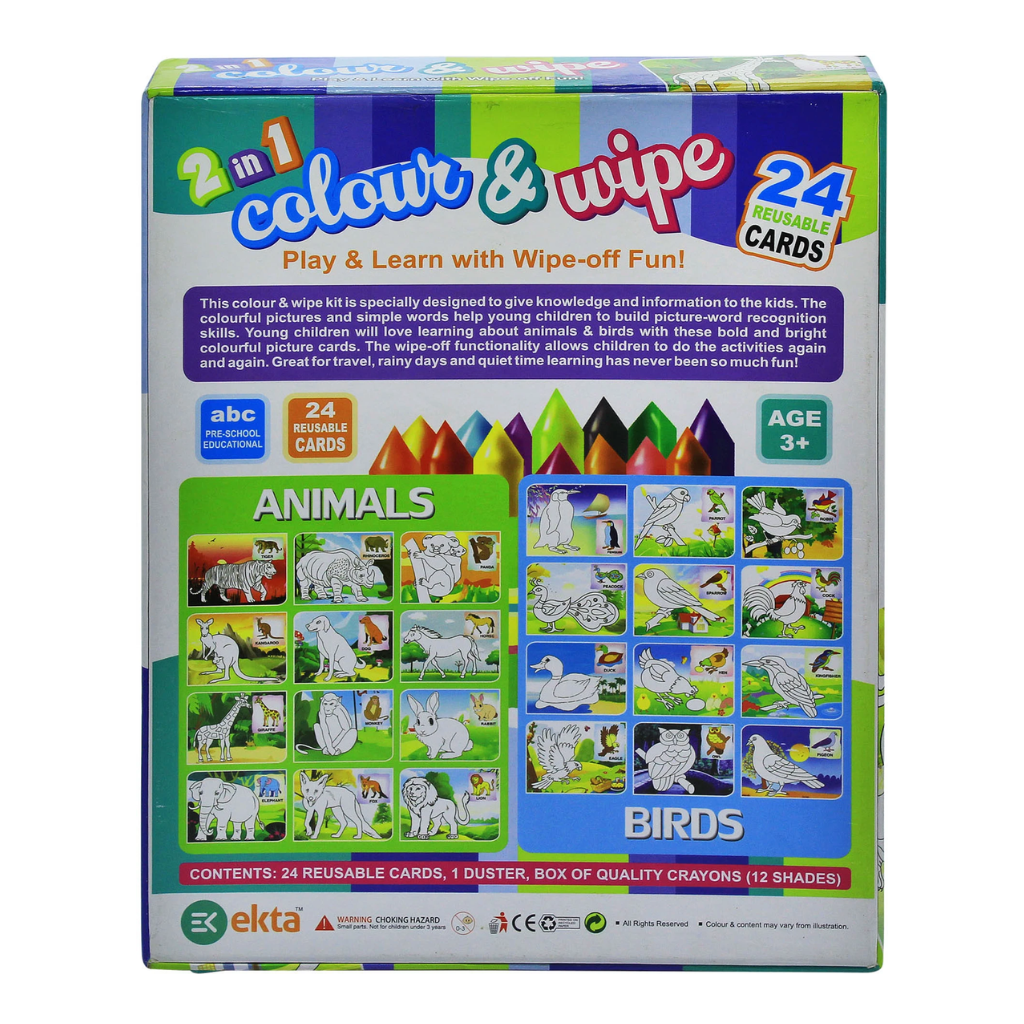 2-in-1 Colour & Wipe Reusable Cards – Animals & Birds Educational Activity Kit for Kids (24 Cards, Age 3+)