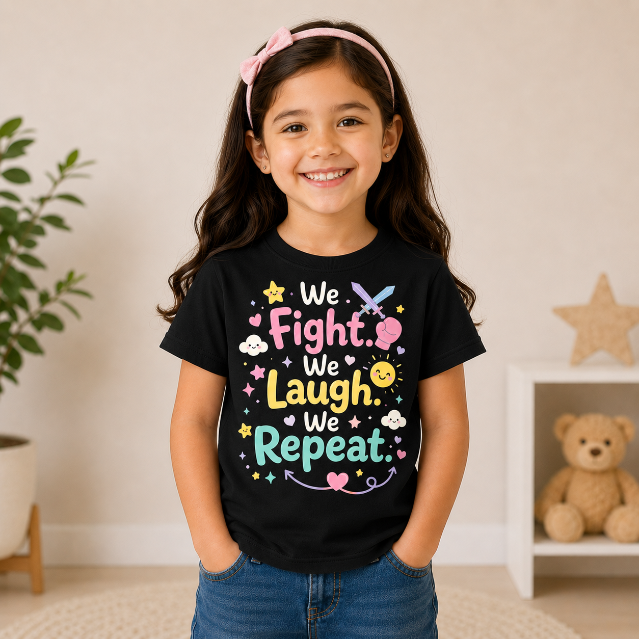we fight we laugh we repeat print funny sibling quote kids t-shirt