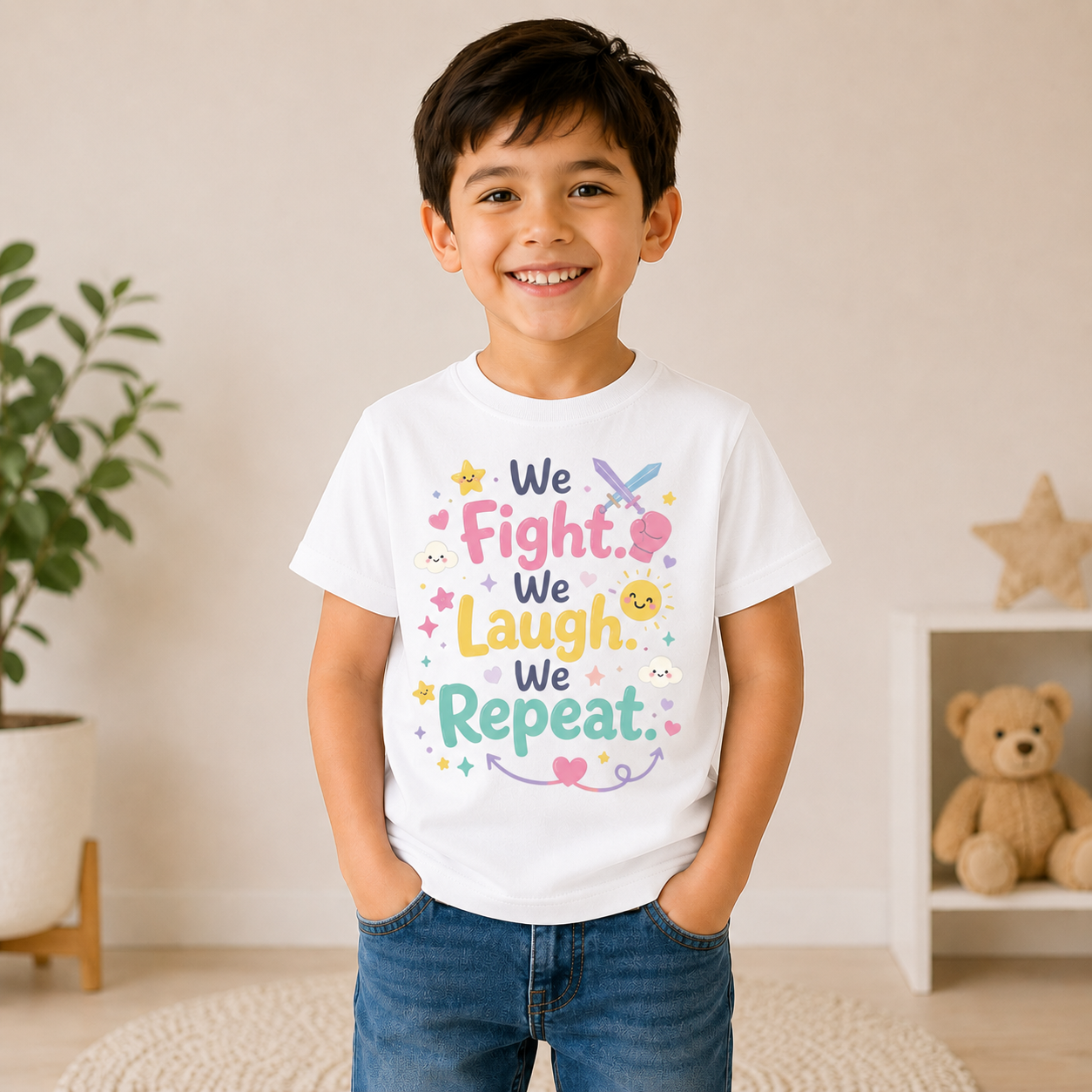 Funny Sibling Quote Kids T-Shirt – We Fight We Laugh We Repeat Print