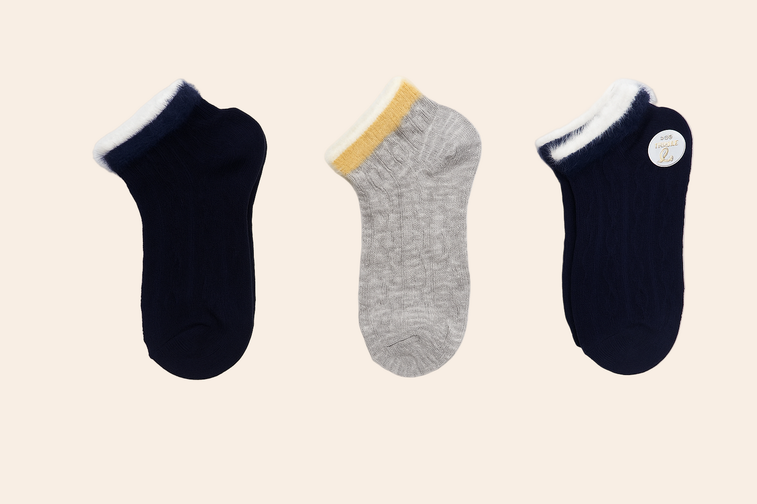 Fur Trim Children’s Socks – Grey & Beige (Pack of 3)