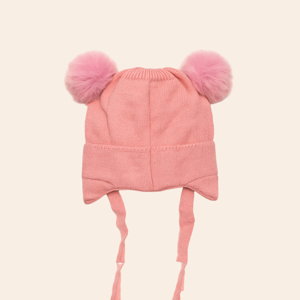  furry pom pom knitted winter baby (Pink Knit)cap (back)